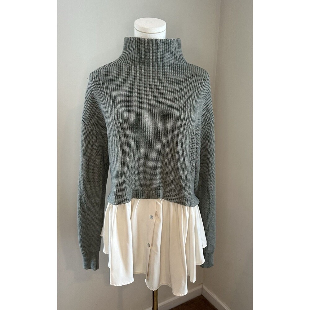 ZARA Knit Mock Neck Layered Sweater Shirt Hem Sage Green Cream Size S Preppy